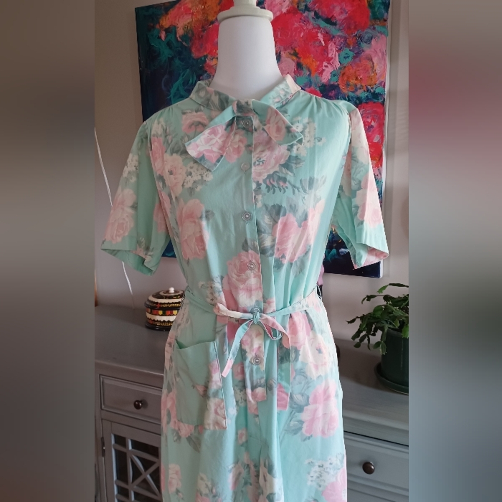 Sweetest Minty Blue Pink Floral Dress With Cute Neck Tie